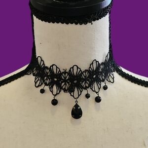 3/$30 Witchy Goth Flapper Black Lace Pearl Teardrop Pendant Choker Necklace
